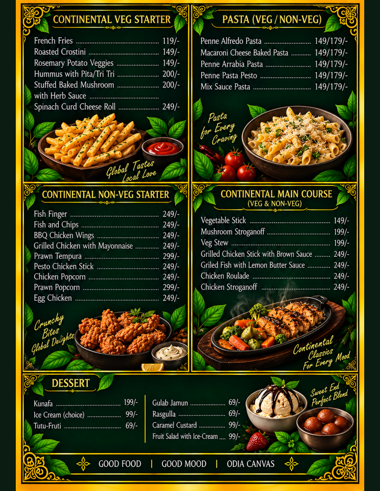 Main Course and Desserts Menu at Odia Canvas